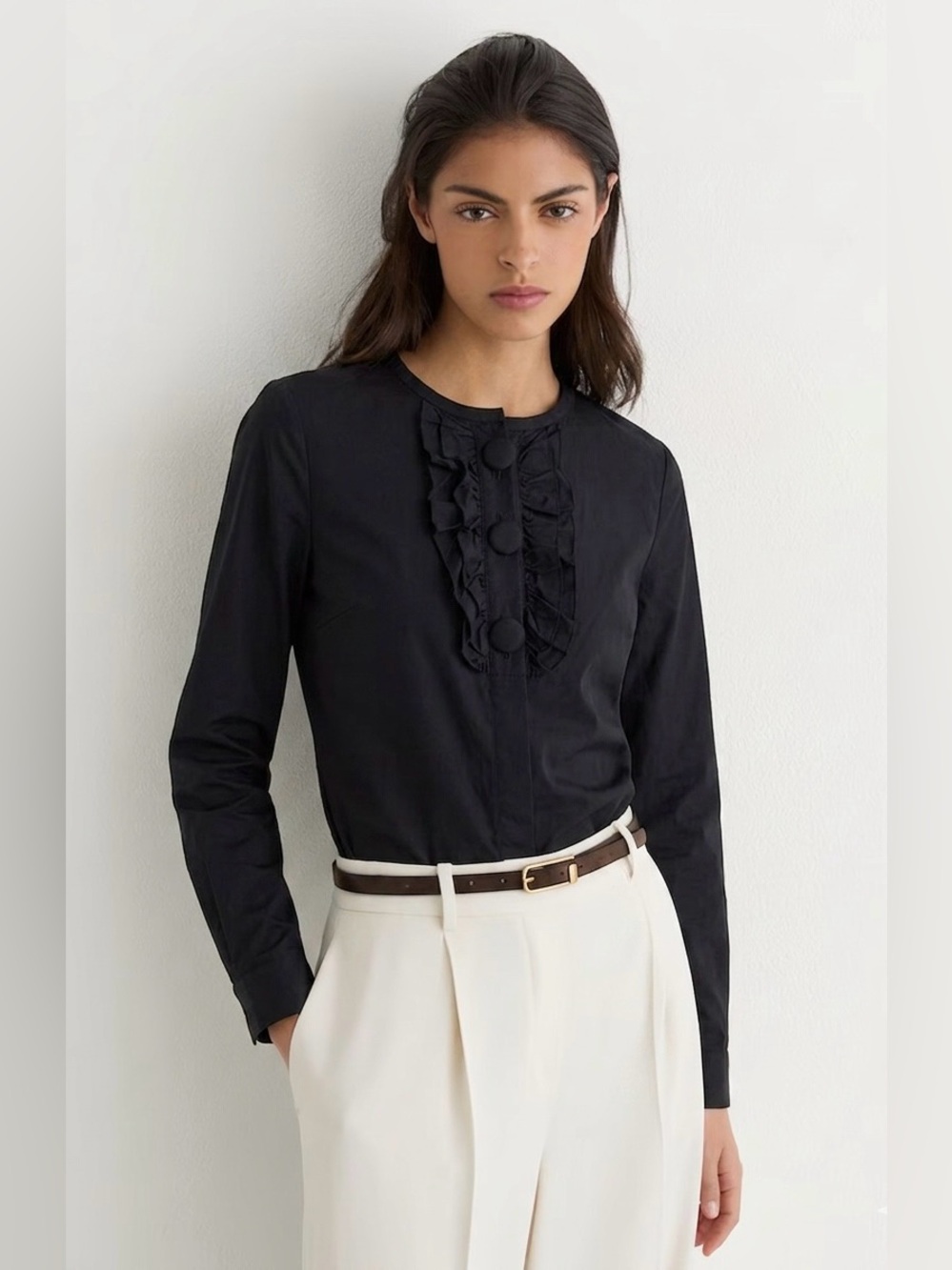 J. Crew Black Poplin Ruffle button Front Shirt Size 6 Small Business Casual